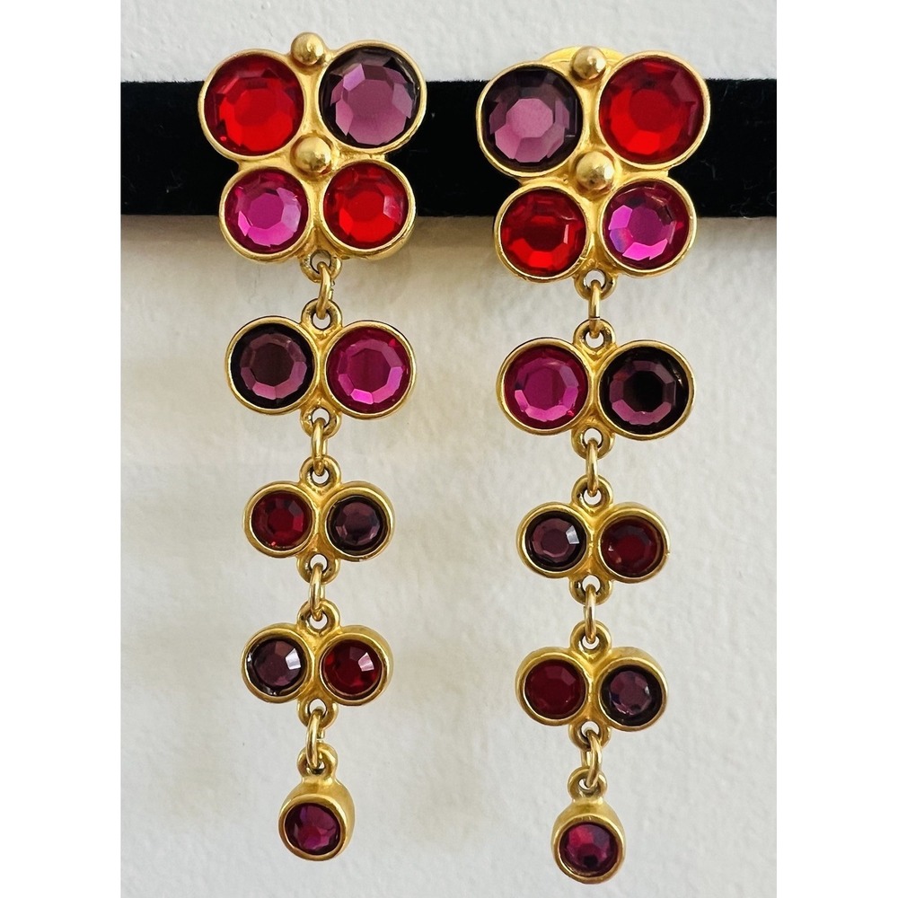 Ben-Amun Clip On Earrings  Dangle Drop 3" Gold Tone & Red Faceted Stone 5 Tier